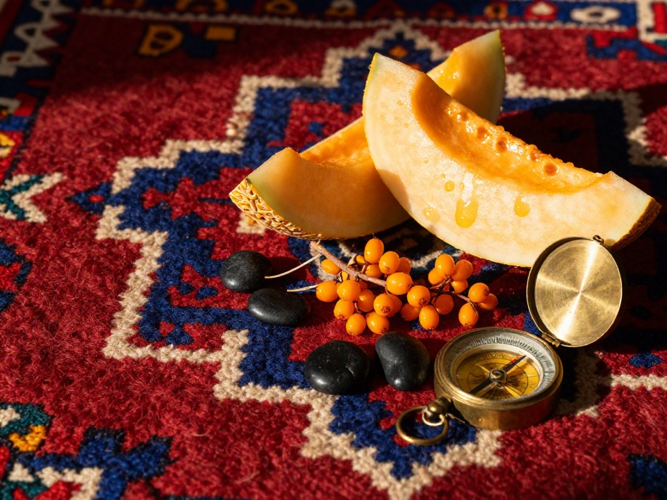 Плоская композиция с дольками дыни, ягодами облепихи, камнями с берега Иссык-Куля и винтажным компасом на традиционном кыргызском войлочном ковре
